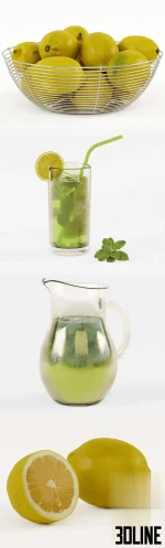 3D model of a refreshing lemonade drink set, including a glass pitcher, garnished glass, and a wire bowl overflowing with whole lemons.