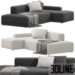 High-resolution 3D model of Globe Soft modular sofa by Cosmorelax, featuring deep seating, low profile, and boxy cushions in dark and light grey fabric