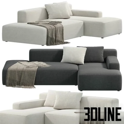 High-resolution 3D model of Globe Soft modular sofa by Cosmorelax, featuring deep seating, low profile, and boxy cushions in dark and light grey fabric