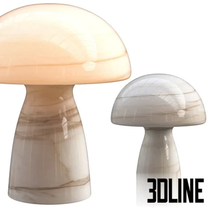 3D model set of the Globen Lighting Fungo table lamp featuring a mushroom-shaped design, rendered in semi-transparent beige glass and a white marble-effect finish.