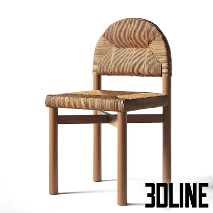 3D model of The Grace Dining Chair by Rachel Donath, featuring a sturdy cylindrical wood frame and a highly textured, hand-woven rope seat and arched backrest in natural warm tones.