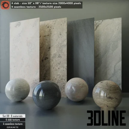 High-quality 3D visualization of Granite Slab Set 09, featuring four large vertical stone panels and corresponding spherical material samples in distinct white, beige, dark grey, and grey granite variations.