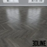 3D visualization of three types of gray oak flooring textures: linear planks, herringbone pattern, and chevron pattern, showing realistic wood grain and reflection.