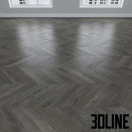 3D visualization of three types of gray oak flooring textures: linear planks, herringbone pattern, and chevron pattern, showing realistic wood grain and reflection.
