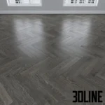 3D visualization of three types of gray oak flooring textures: linear planks, herringbone pattern, and chevron pattern, showing realistic wood grain and reflection.
