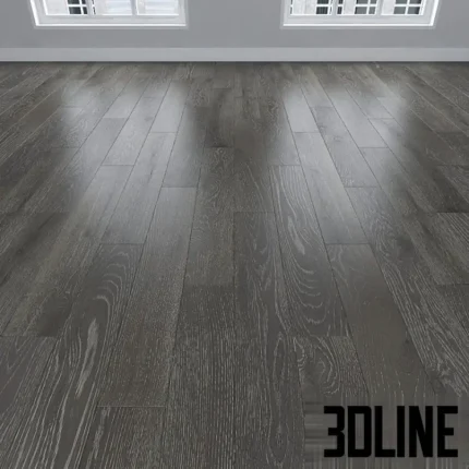 3D visualization of three types of gray oak flooring textures: linear planks, herringbone pattern, and chevron pattern, showing realistic wood grain and reflection.