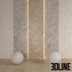 3D model visualization of Grespania Bierzo tiles, displaying three variations of stone-effect porcelain including large format slabs and mosaic bricks in warm grey and beige tones.