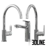 3D model set of Grohe BauEdge chrome faucets, featuring a high-arc swivel spout mixer and standard single-lever basin mixers with a polished finish.