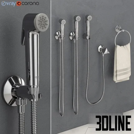 3D model set of Grohe hygienic shower sprays, featuring the Tempesta-F Trigger Spray 30 and Sena Trigger Spray 35 models in polished chrome, complete with metal hoses and wall mounts.