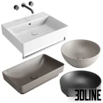 3D model collection of GSI Color Elements washbasins, featuring rectangular and round vessel sinks in matte white, beige, brown, and black finishes, complete with wall-mounted faucets.