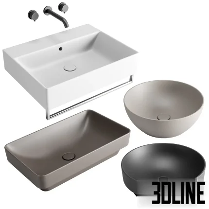 3D model collection of GSI Color Elements washbasins, featuring rectangular and round vessel sinks in matte white, beige, brown, and black finishes, complete with wall-mounted faucets.
