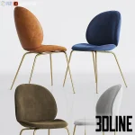 Detailed 3D model set of the Gubi Beetle dining chair, featuring a signature shell seat in velvet and leather upholstery options with slender gold metal legs.