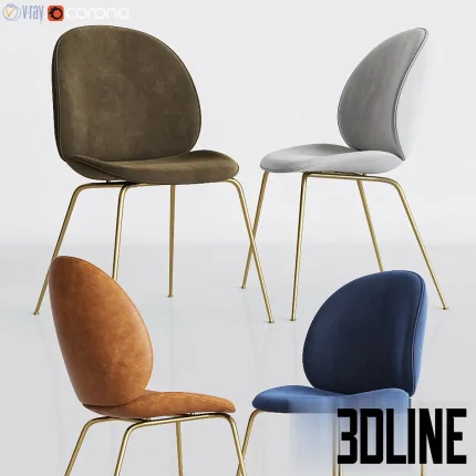 Detailed 3D model set of the Gubi Beetle dining chair, featuring a signature shell seat in velvet and leather upholstery options with slender gold metal legs.