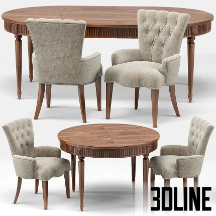 3D model set of a classic Gustavian style wooden extension dining table (oval and round views) paired with elegant French Toulouse tufted fabric armchairs.