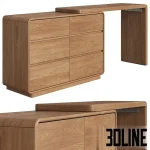 Detailed 3D model of the GVAwood telescopic dressing table, a contemporary wood dresser with six drawers, a retractable surface, a stool, and an illuminated circular vanity mirror.