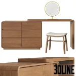 Detailed 3D model of the GVAwood telescopic dressing table, a contemporary wood dresser with six drawers, a retractable surface, a stool, and an illuminated circular vanity mirror.