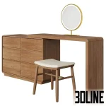 Detailed 3D model of the GVAwood telescopic dressing table, a contemporary wood dresser with six drawers, a retractable surface, a stool, and an illuminated circular vanity mirror.
