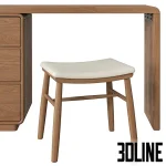 Detailed 3D model of the GVAwood telescopic dressing table, a contemporary wood dresser with six drawers, a retractable surface, a stool, and an illuminated circular vanity mirror.