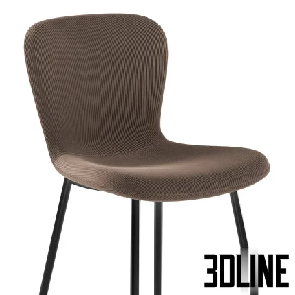 3D model of the Halmar K414 dining chair, featuring a contoured bucket seat upholstered in ribbed corduroy fabric (shown in blue and brown) supported by slim black metal legs.