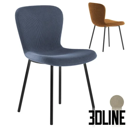 3D model of the Halmar K414 dining chair, featuring a contoured bucket seat upholstered in ribbed corduroy fabric (shown in blue and brown) supported by slim black metal legs.