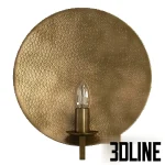 3D model of a round wall sconce featuring a large, concave hammered brass disc backplate and a central candle-style bulb holder in an antique gold finish.