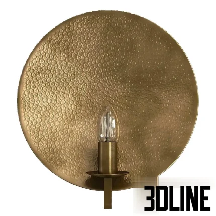 3D model of a round wall sconce featuring a large, concave hammered brass disc backplate and a central candle-style bulb holder in an antique gold finish.