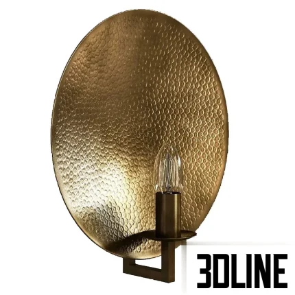 3D model of a round wall sconce featuring a large, concave hammered brass disc backplate and a central candle-style bulb holder in an antique gold finish.