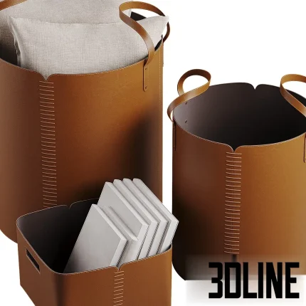 Detailed 3D model set of the Hardy leather basket collection, including two large cylindrical bins with handles and a rectangular open storage box, all in a medium brown finish.