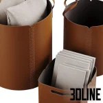 Detailed 3D model set of the Hardy leather basket collection, including two large cylindrical bins with handles and a rectangular open storage box, all in a medium brown finish.