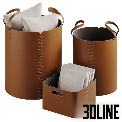 Detailed 3D model set of the Hardy leather basket collection, including two large cylindrical bins with handles and a rectangular open storage box, all in a medium brown finish.