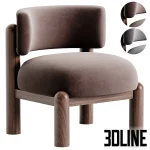 High-quality 3D model of the Harper Accent Chair, featuring thick cylindrical walnut wood legs and a floating curved backrest upholstered in smooth brown velvet or fabric.