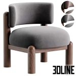 High-quality 3D model of the Harper Accent Chair, featuring thick cylindrical walnut wood legs and a floating curved backrest upholstered in smooth brown velvet or fabric.