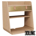 3D model of the Harto Suzon hanging bedside table, featuring a natural oak wood frame with curved edges and two drawers with brushed brass fronts and leather pull tabs.