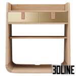 3D model of the Harto Suzon hanging bedside table, featuring a natural oak wood frame with curved edges and two drawers with brushed brass fronts and leather pull tabs.