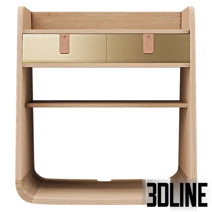 3D model of the Harto Suzon hanging bedside table, featuring a natural oak wood frame with curved edges and two drawers with brushed brass fronts and leather pull tabs.
