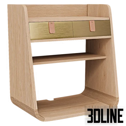 3D model of the Harto Suzon hanging bedside table, featuring a natural oak wood frame with curved edges and two drawers with brushed brass fronts and leather pull tabs.