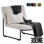 3D model of the Hebbes armchair by Harvink, featuring a continuous black metal tube frame, light grey upholstery, and styled with a houndstooth throw blanket and lumbar pillow.