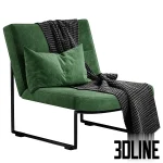 3D model of the Hebbes armchair by Harvink, featuring a continuous black metal tube frame, light grey upholstery, and styled with a houndstooth throw blanket and lumbar pillow.