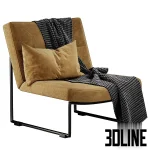 3D model of the Hebbes armchair by Harvink, featuring a continuous black metal tube frame, light grey upholstery, and styled with a houndstooth throw blanket and lumbar pillow.