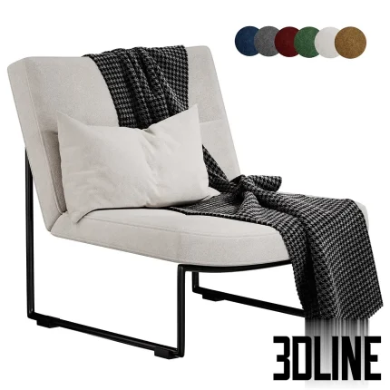 3D model of the Hebbes armchair by Harvink, featuring a continuous black metal tube frame, light grey upholstery, and styled with a houndstooth throw blanket and lumbar pillow.