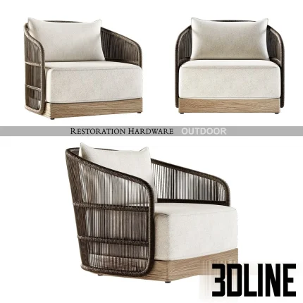 High-detail 3D model of a Havana Lounge Chair with woven brown rope exterior, light fabric cushions, and a wooden plinth base.