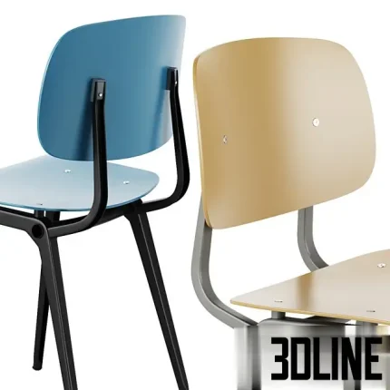 3D model of the Hay Revolt chair designed by Friso Kramer, featuring a beige plywood seat and backrest supported by a grey bent sheet steel frame.