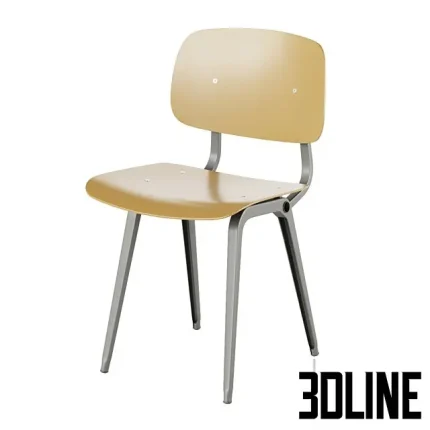 3D model of the Hay Revolt chair designed by Friso Kramer, featuring a beige plywood seat and backrest supported by a grey bent sheet steel frame.