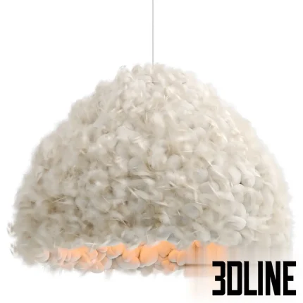 3D model of the Bowl Light by Helen Loom, a dome-shaped pendant lamp covered in soft white feathers or textured fibers, emitting a warm internal glow.