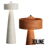 3D model of the Helena Floor Lamp featuring a monolithic design with a tall conical base and a matching shade in a textured beige travertine stone finish.