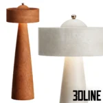3D model of the Helena Floor Lamp featuring a monolithic design with a tall conical base and a matching shade in a textured beige travertine stone finish.
