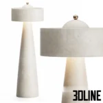 3D model of the Helena Floor Lamp featuring a monolithic design with a tall conical base and a matching shade in a textured beige travertine stone finish.
