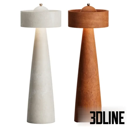 3D model of the Helena Floor Lamp featuring a monolithic design with a tall conical base and a matching shade in a textured beige travertine stone finish.