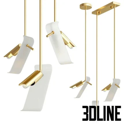 High-resolution 3D model set of HELMAR collection pendant lights featuring a flowing, curved frosted glass shade and thin brass mounting rods in single and multi-light configurations.
