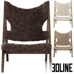 Detailed 3D model set of the Ib Kofod Larsen lounge chair, featuring a wood A-frame and a removable fuzzy sheepskin canvas seat in white, beige, and brown color options.